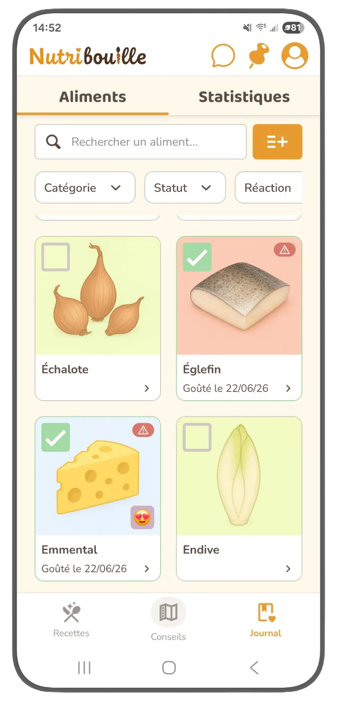 Journal Nutribouille : aliments goûtés par bébé